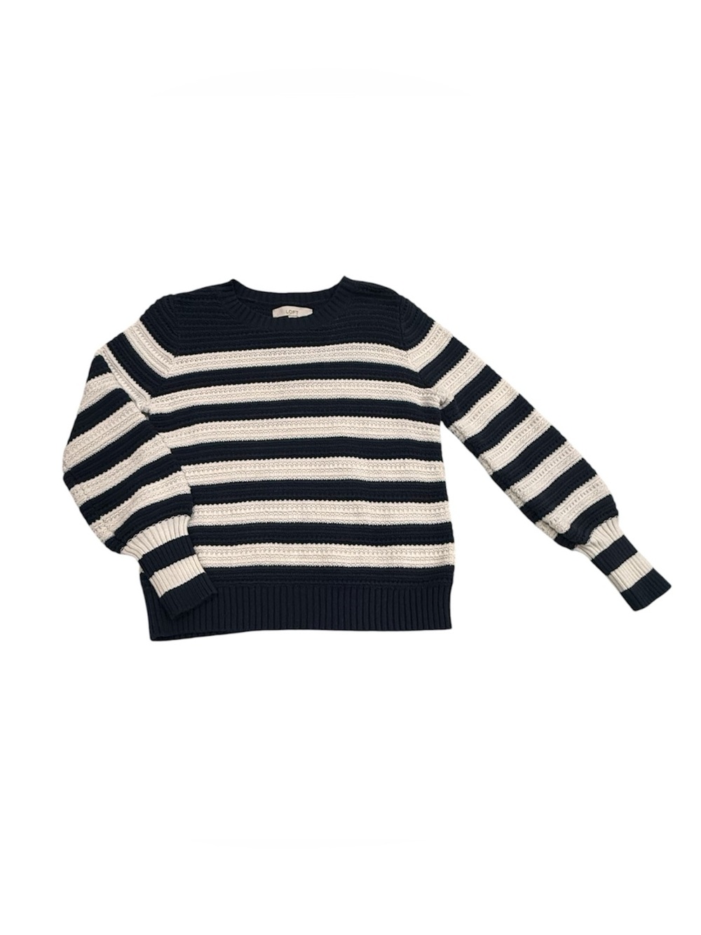 LOFT Navy and Cream Striped Crewneck Sweater Nautical Small